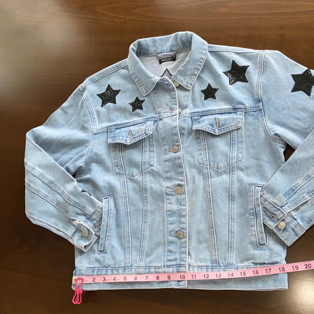 Sale! Nasty Gal Blue Denim Jacket with Black Sequin Stars. US Size 6 - Picture 14 of 17